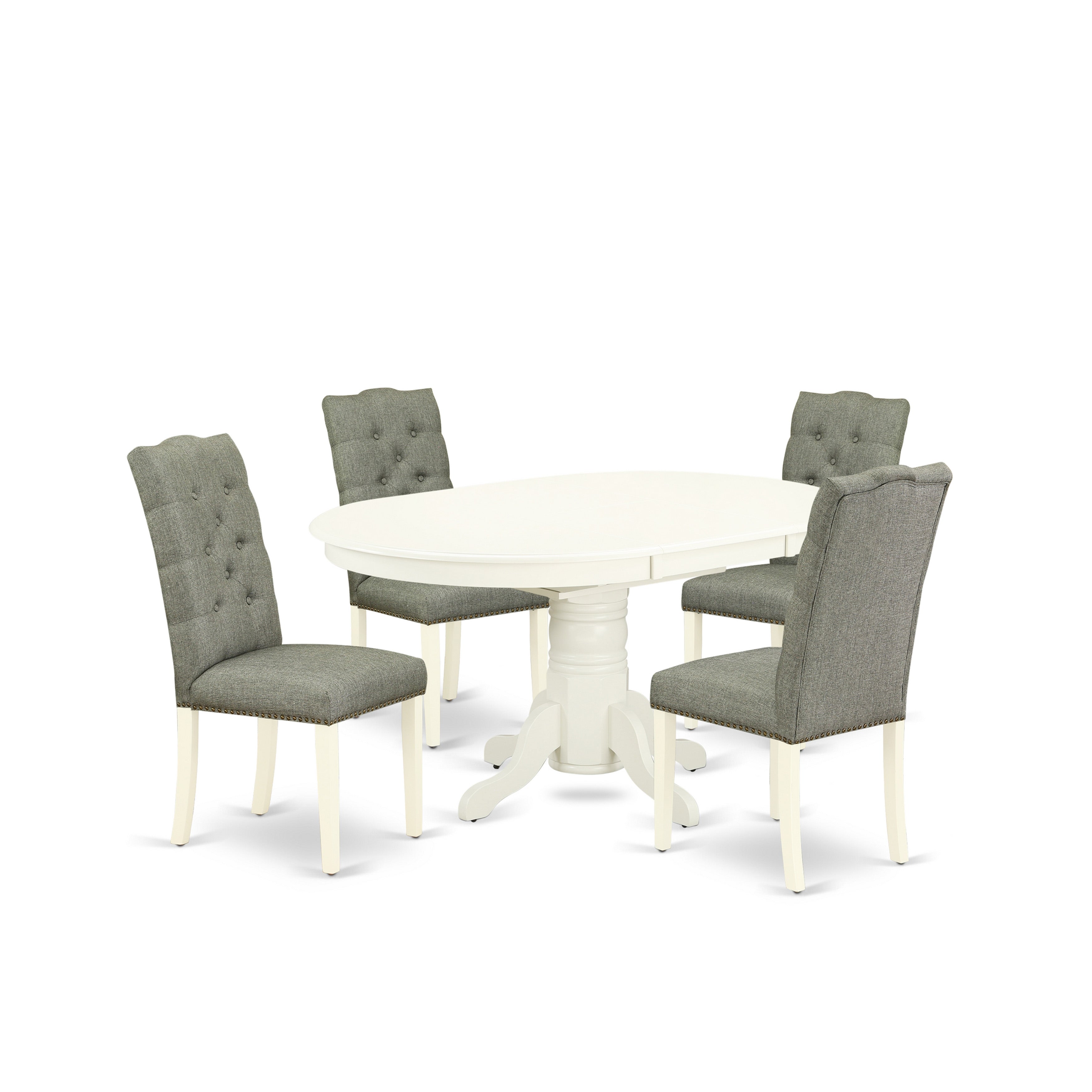 East West Furniture AVEL5-LWH-07 5-Pc Dining Set Included a Butterfly Leaf Oval Wood Dining Table & 4 Fabric Kitchen Chairs, Smoke Linen Fabric Parsons Chairs Seat with Rubber Wood Legs, Linen White Finish