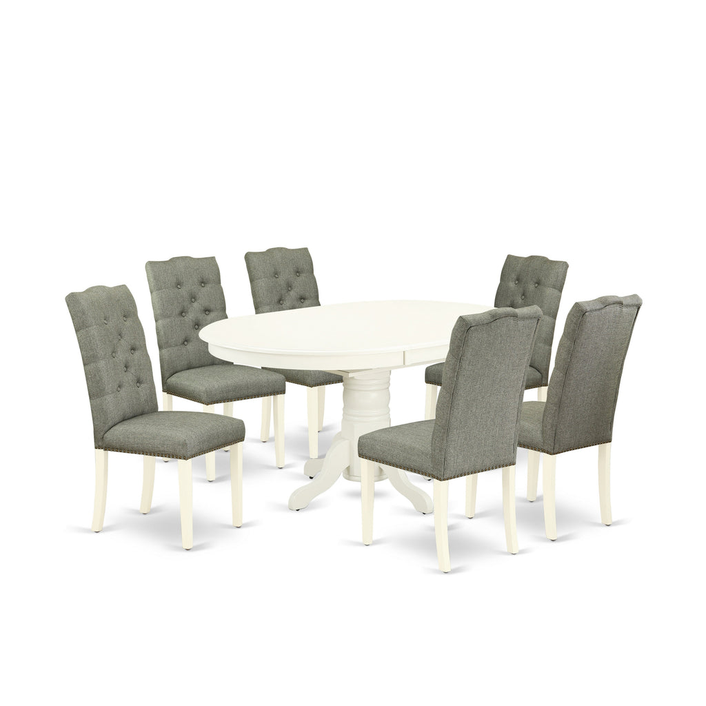 Juego de mesa de comedor moderna de 7 piezas East West Furniture AVEL7-LWH-07 compuesto por una mesa ovalada de madera con hojas de mariposa y 6 sillas de comedor Parsons de tela de lino gris.
