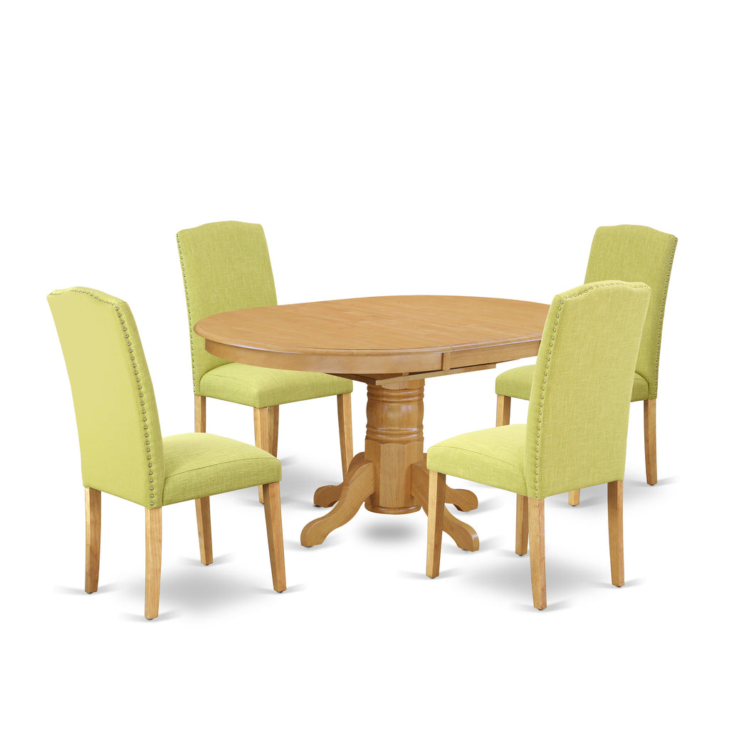 East West Furniture AVEN5-OAK-07 5 Piece Modern Dining Table Set Includes an Oval Wooden Table with Butterfly Leaf and 4 Limelight Linen Fabric Upholstered Chairs