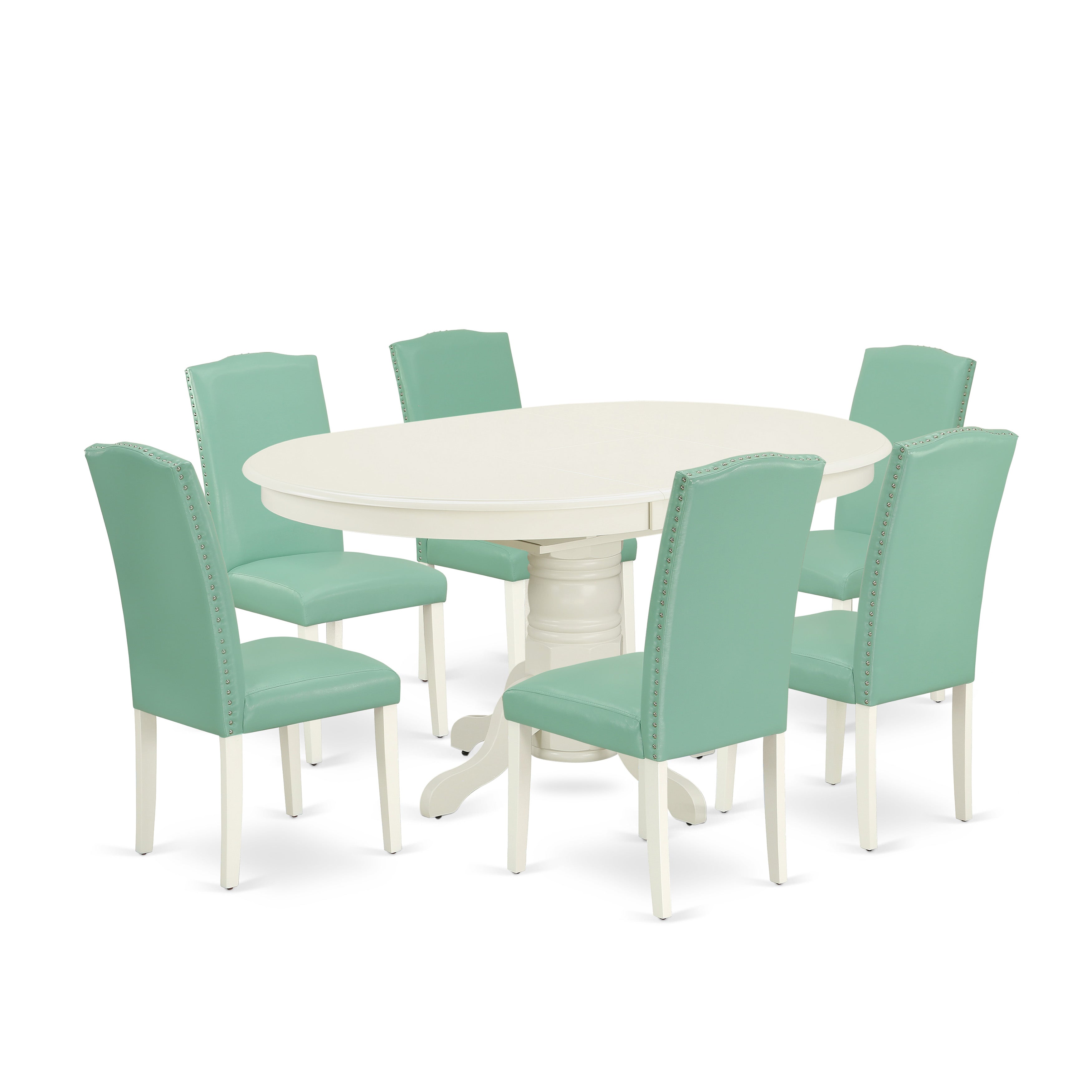 Juego de comedor de 7 piezas East West Furniture AVEN7-LWH-57 compuesto por una mesa ovalada de madera con diseño de hojas de mariposa y 6 sillas de comedor Parsons de piel sintética con acabado Pond.