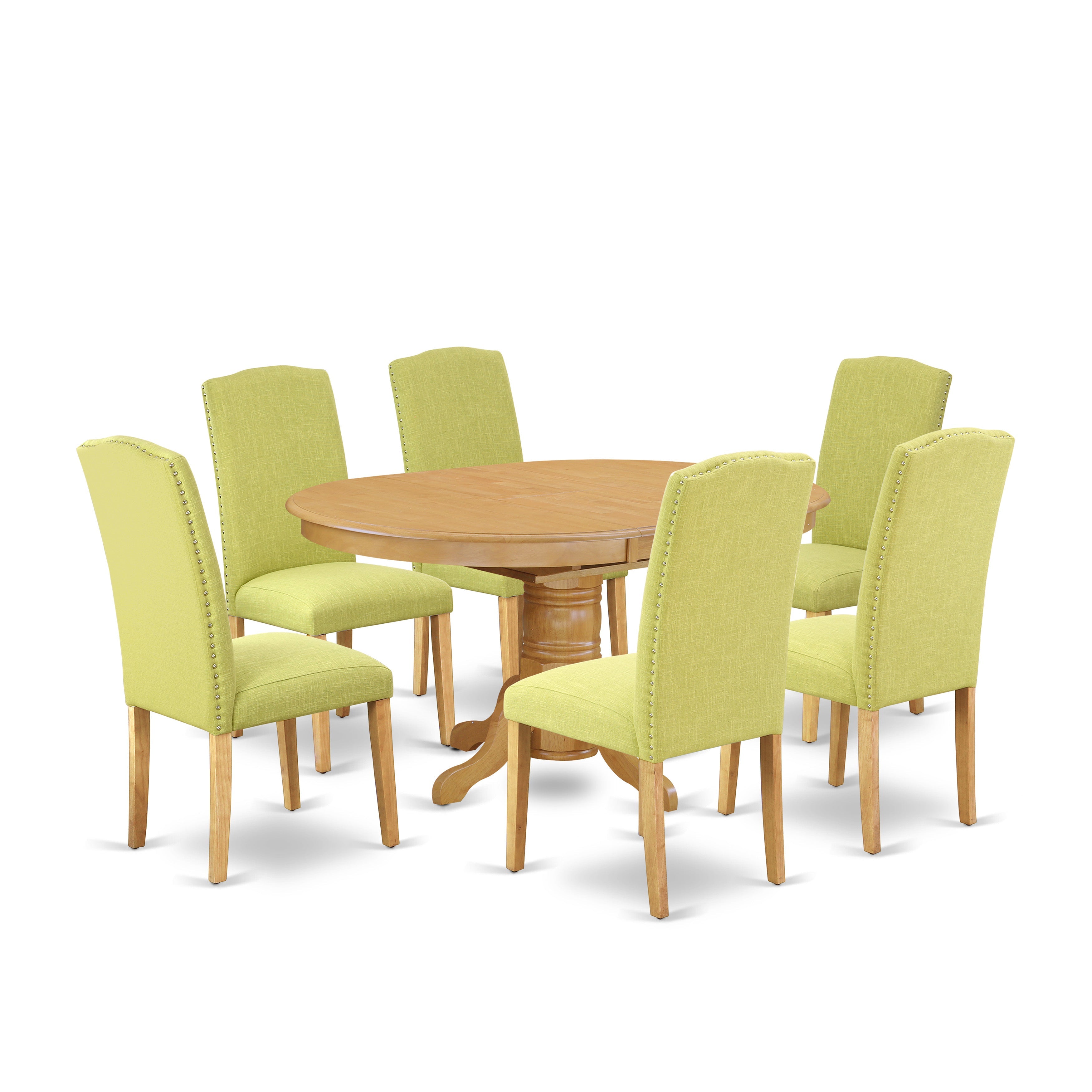 AVEN7-OAK-07 7Pc Oval 42/60" Dinette Table With 18 In Butterfly Leaf And 6 Parson Chair With Oak Leg And Linen Fabric Limelight