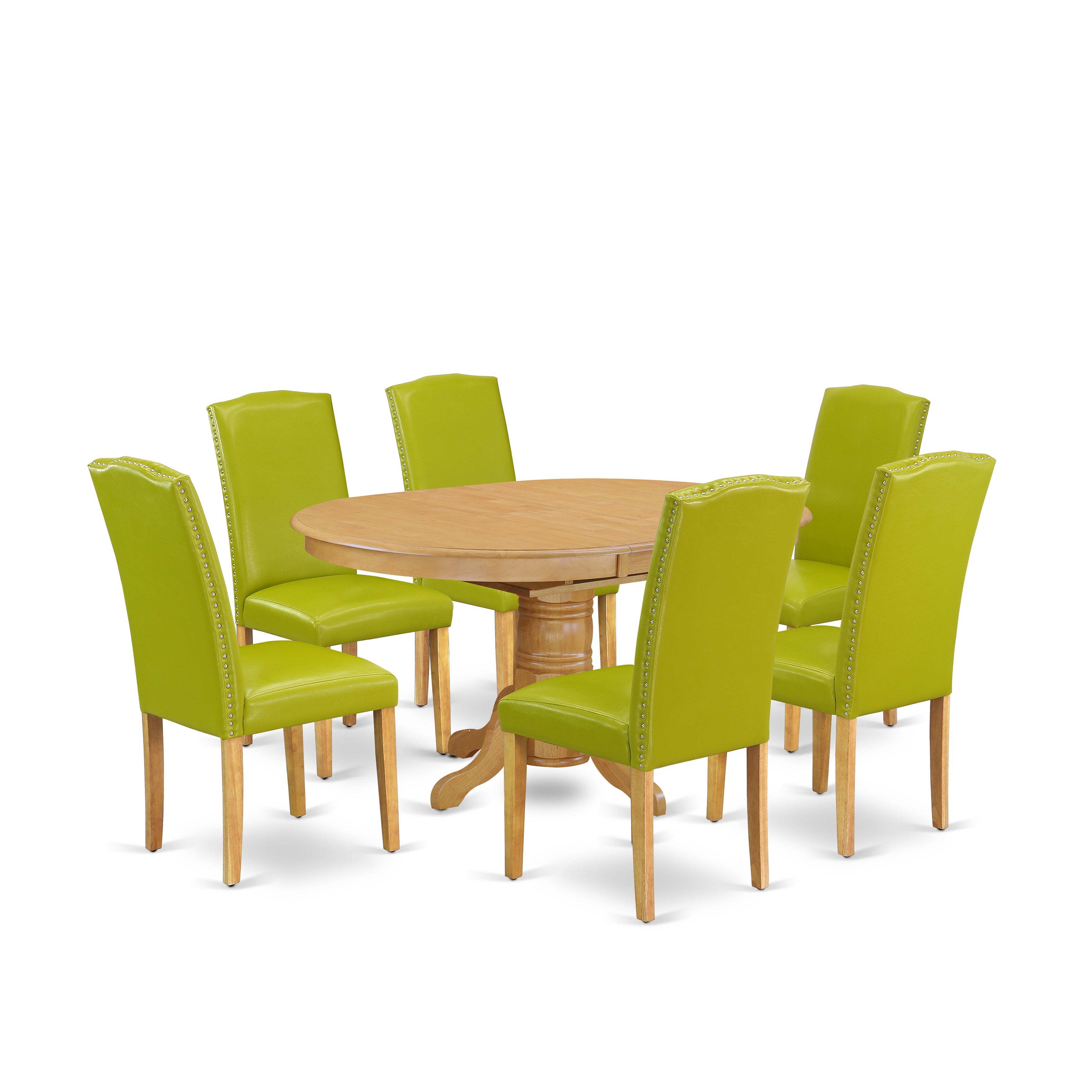 AVEN7-OAK-51 7Pc Oval 42/60" Dinette Table With 18 In Butterfly Leaf And 6 Parson Chair With Oak Leg And Pu Leather Color Autumn Green