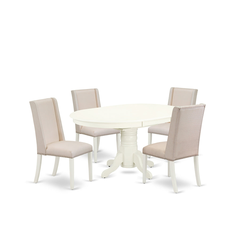 East West Furniture AVFL5-LWH-01 5 Piece Dining Table Set for 4 Includes an Oval Kitchen Table with Butterfly Leaf and 4 Cream Linen Fabric Parson Dining Chairs