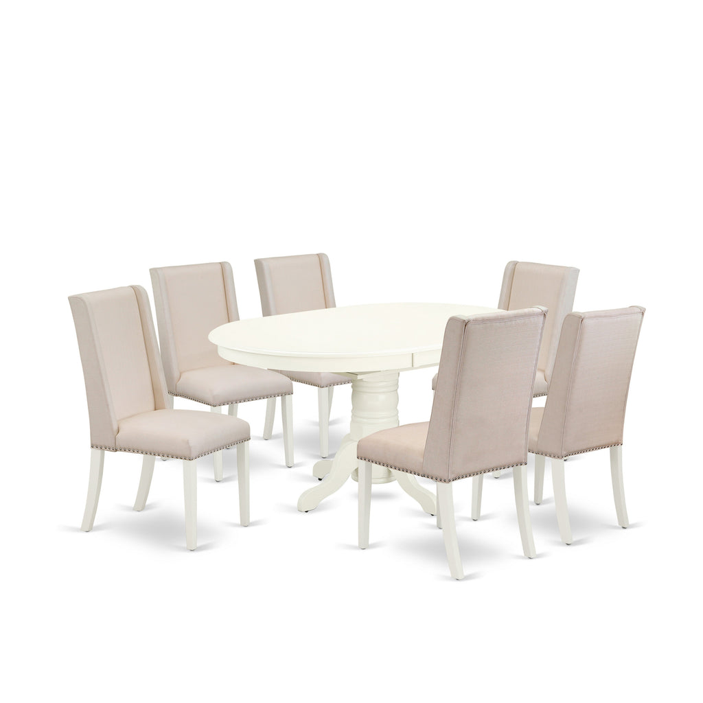 East West Furniture AVFL7-LWH-01 7 Piece Dining Set Consist of an Oval Dining Room Table with Butterfly Leaf and 6 Cream Linen Fabric Upholstered Parson Chairs