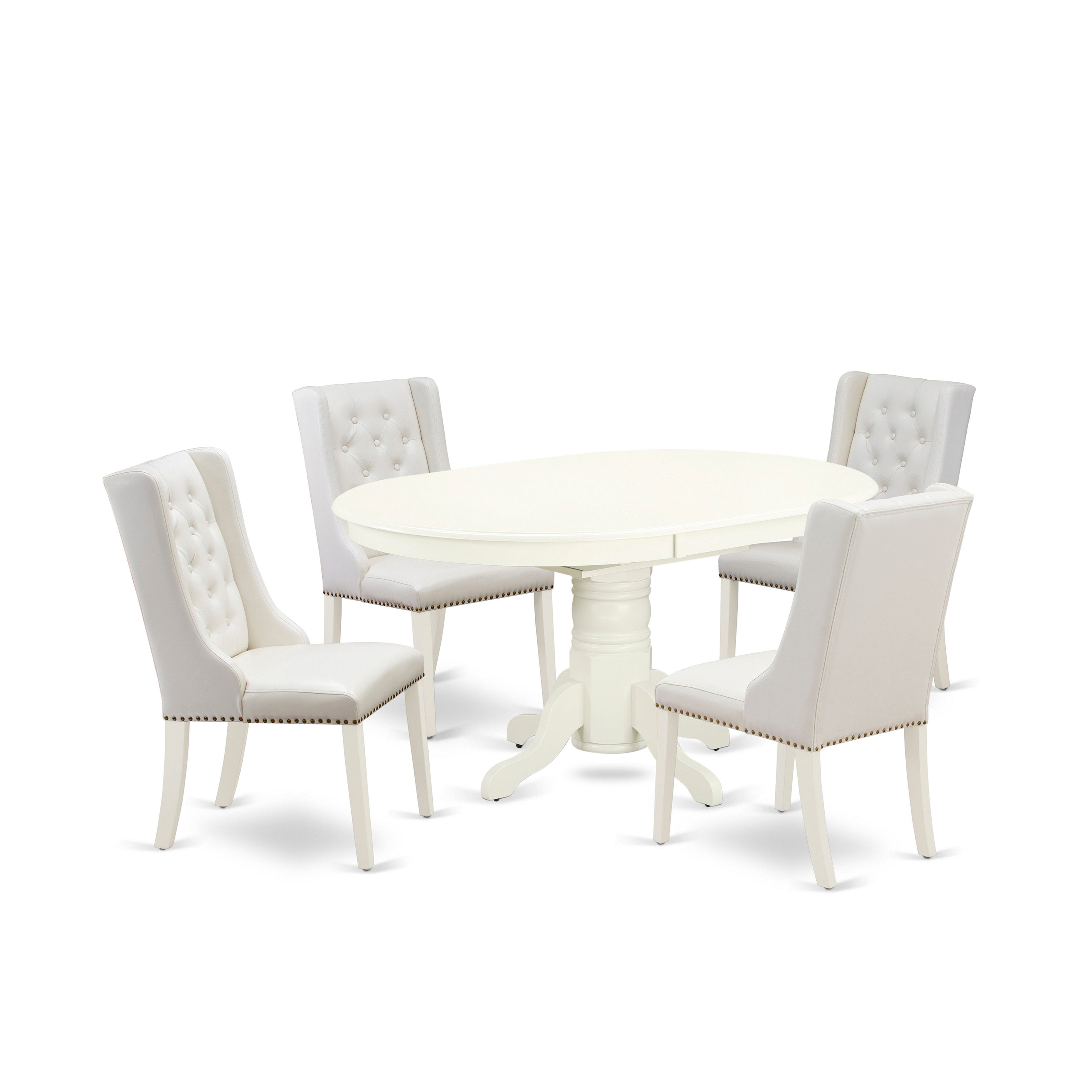 East West Furniture AVFO5-LWH-44 5-Pc Forney Dining Room Set 4 Linen white PU faux Leather Dining Chairs with Button Tufted Back and 1 Dining Table - linen white Finish