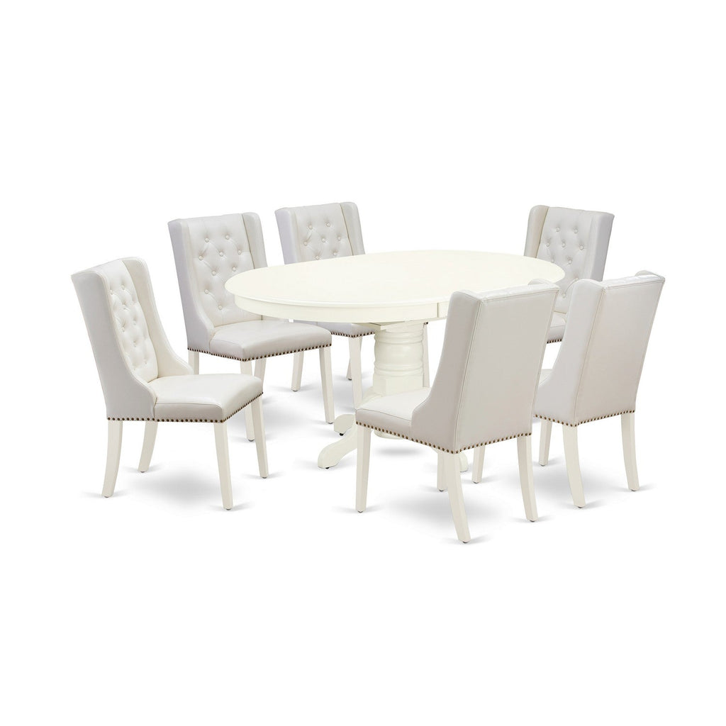East West Furniture AVFO7-LWH-44 7 Piece Dining Set Consist of an Oval Dining Room Table with Butterfly Leaf and 6 Light grey Faux Leather Upholstered Chairs, 42x60 Inch, Linen White