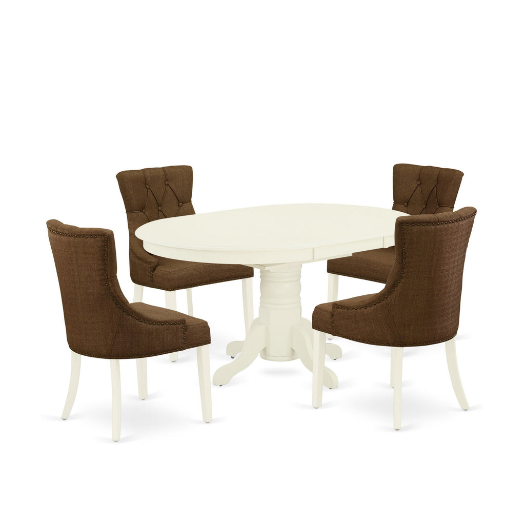 East West Furniture AVFR5-LWH-18 5 Piece Dining Room Furniture Set Includes an Oval Wooden Table with Butterfly Leaf and 4 Brown Linen Linen Fabric Parsons Chairs