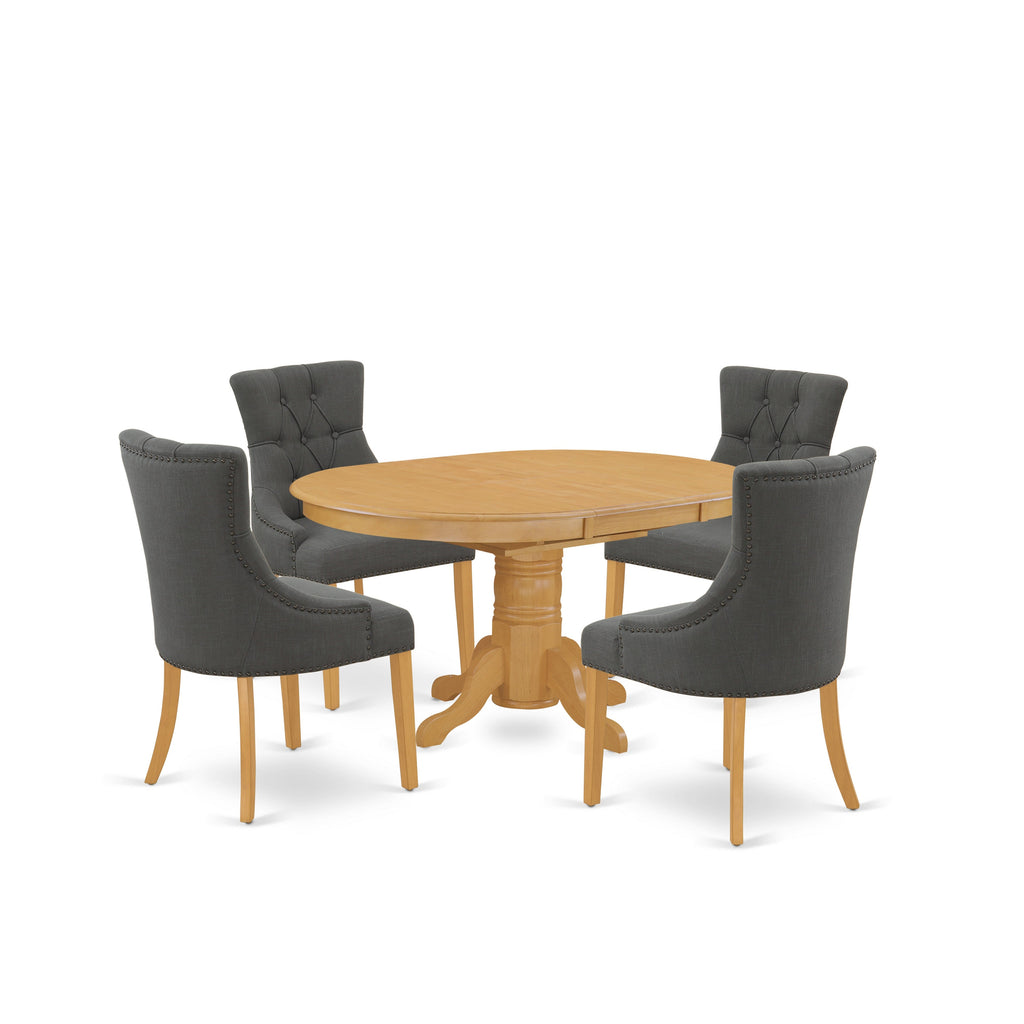 East West Furniture AVFR5-OAK-20 5 Piece Dining Room Table Set Includes an Oval Wooden Table with Butterfly Leaf and 4 Dark Gotham Linen Fabric Upholstered Chairs