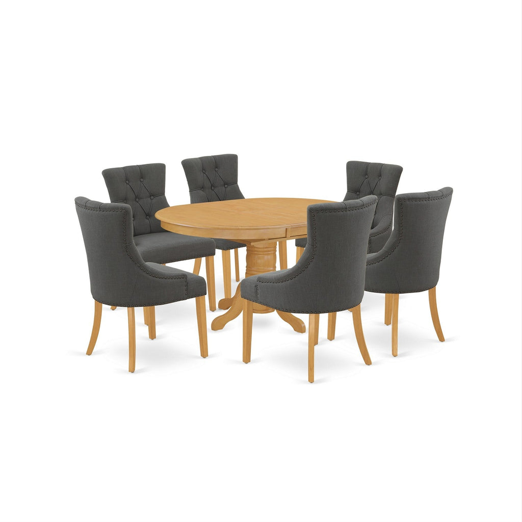 Juego de comedor de 7 piezas East West Furniture AVFR7-OAK-20 compuesto por una mesa de comedor ovalada con hojas de mariposa y 6 sillas tapizadas en tela de lino Gotham oscuro.