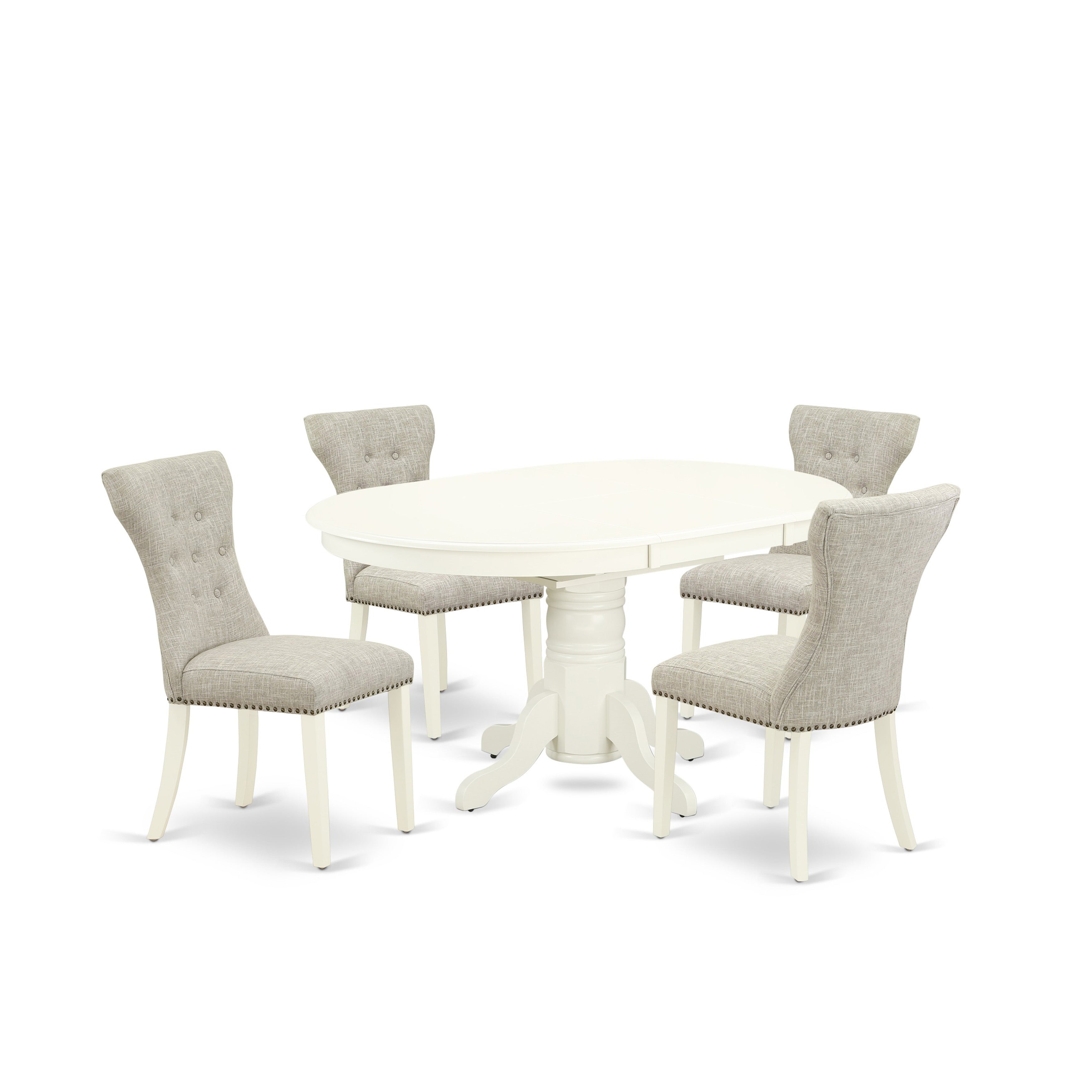 Juego de comedor de 5 piezas East West Furniture AVGA5-LWH-35 para 4 personas. Incluye una mesa de comedor ovalada con diseño de hojas de mariposa y 4 sillas tapizadas en tela de lino y piel de venado.