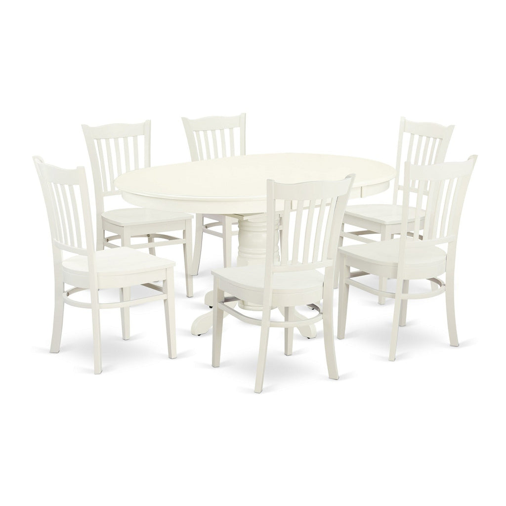 Juego de mesa de comedor East West Furniture AVGR7-LWH-W de 7 piezas compuesto por una mesa de comedor ovalada con hojas de mariposa y 6 sillas con asiento de madera.