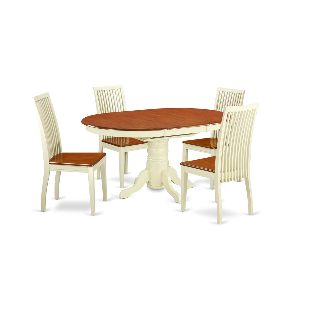 Juego de mesa y sillas de cocina de 5 piezas AVIP5-BMK-W de East West Furniture. Incluye una mesa de comedor ovalada con hojas de mariposa y 4 sillas de comedor.