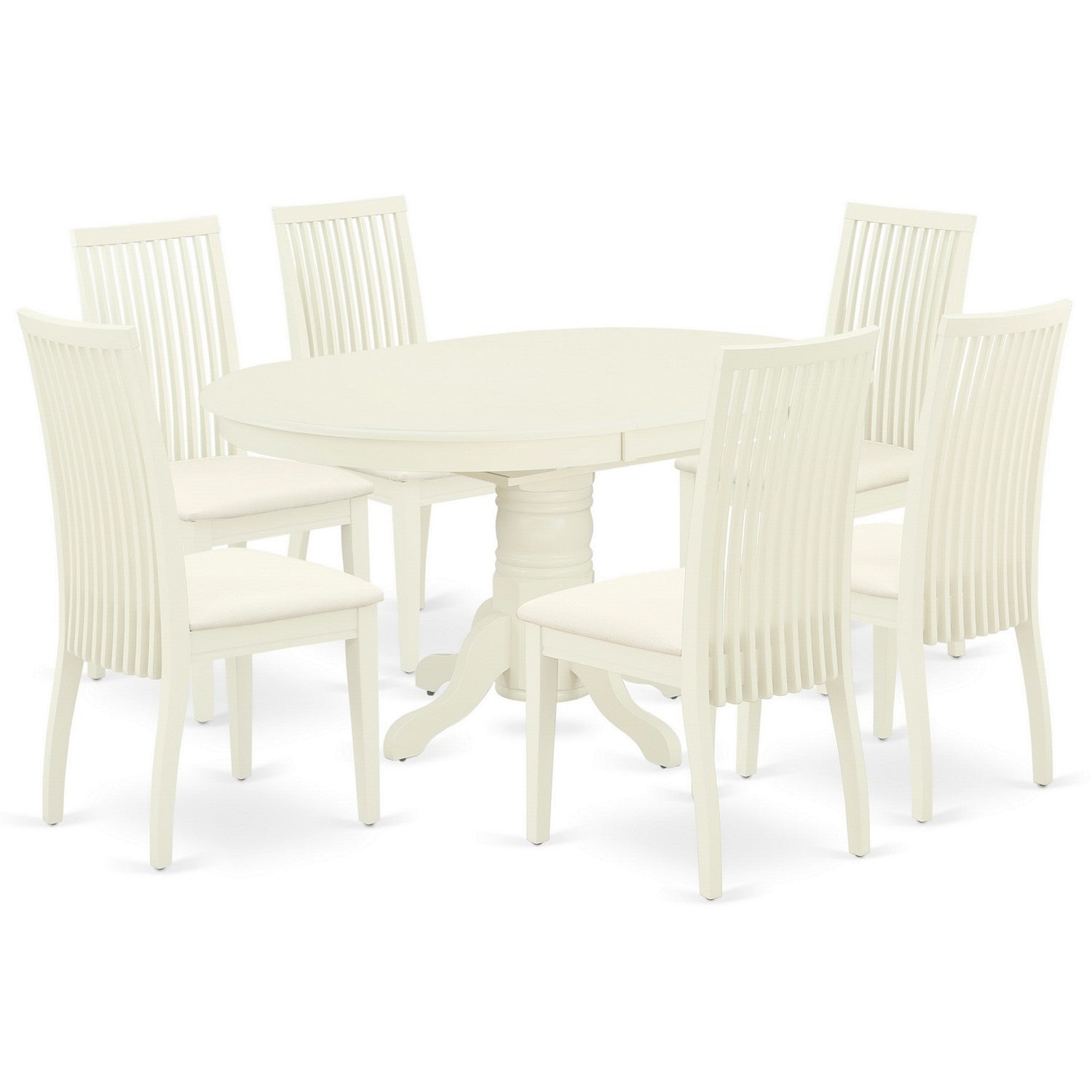 Juego de mesa y sillas de cocina de 7 piezas AVIP7-LWH-C de East West Furniture. Incluye una mesa de comedor ovalada con hojas de mariposa y 6 sillas tapizadas en tela de lino.