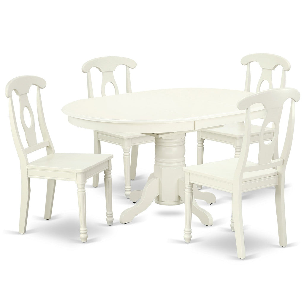El juego de muebles de comedor de 5 piezas East West Furniture AVKE5-LWH-W incluye una mesa de cocina ovalada con hojas de mariposa y 4 sillas de comedor.