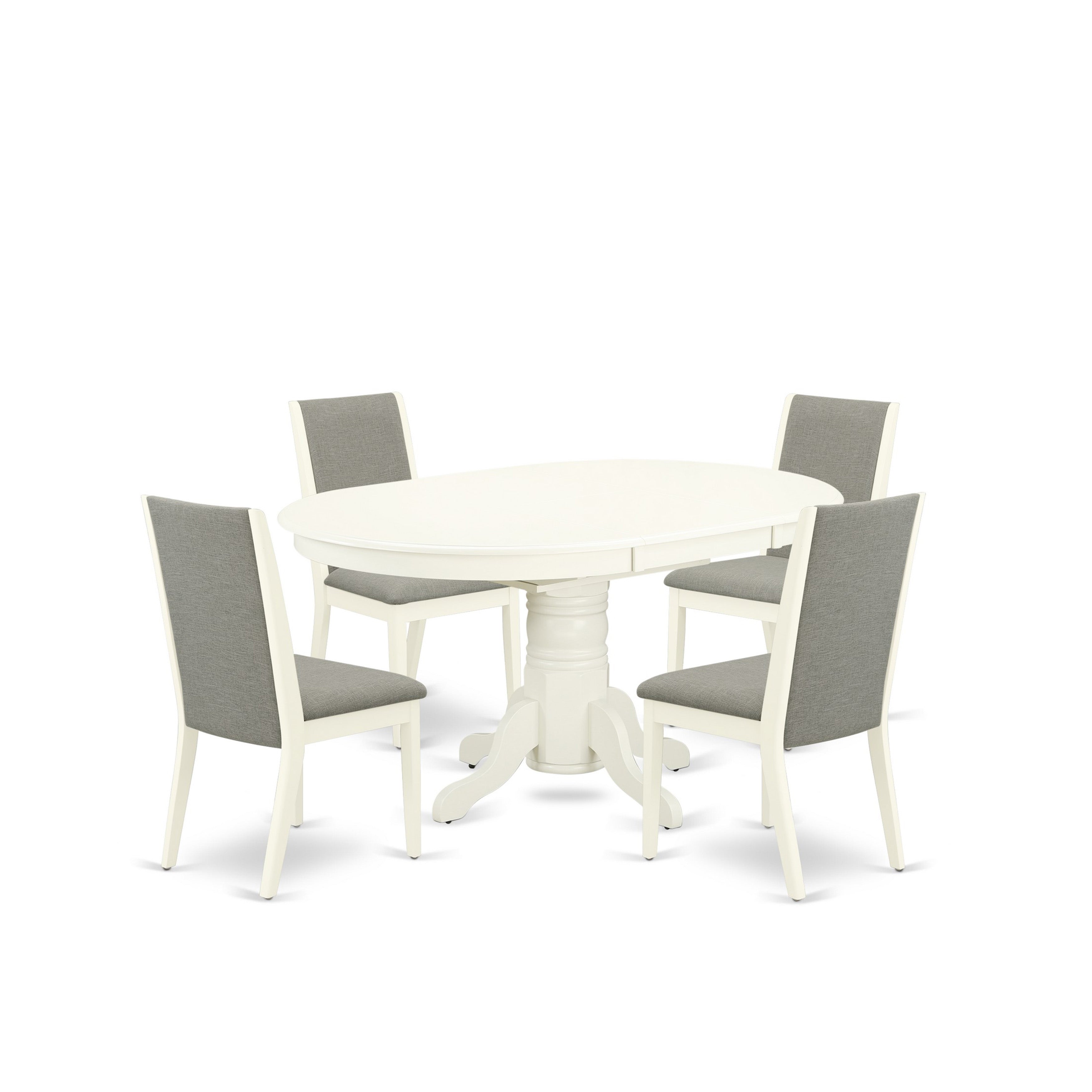 East West Furniture AVLA5-LWH-06 5-Piece Modern Dining Table Set Included a Butterfly Leaf Oval Modern Dining Table & 4 Padded Parson Chairs, Shitake Linen Fabric Parson Dining Chairs Seat with Rubber Wood Legs, Linen White Finish