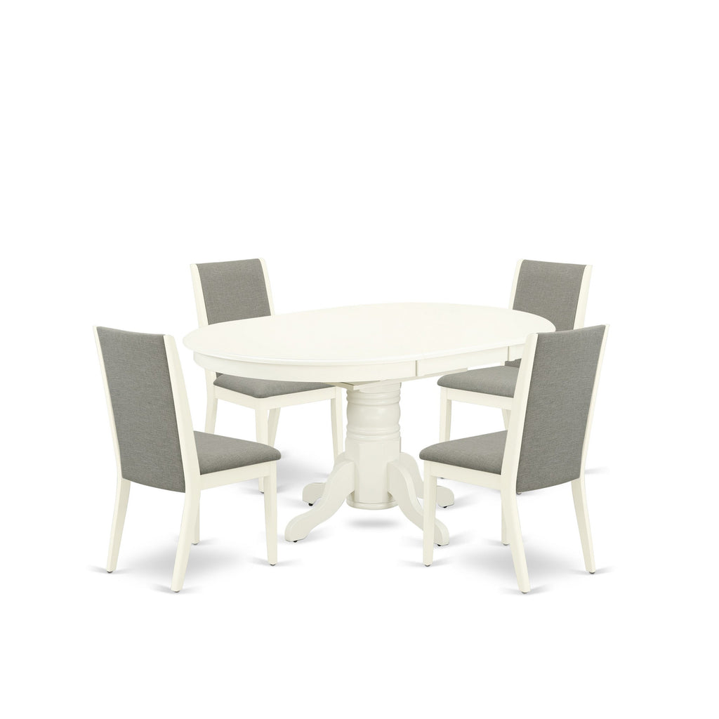 East West Furniture AVLA5-LWH-06 5 Piece Dining Table Set Includes an Oval Wooden Table with Butterfly Leaf and 4 Shitake Linen Fabric Parson Dining Room Chairs