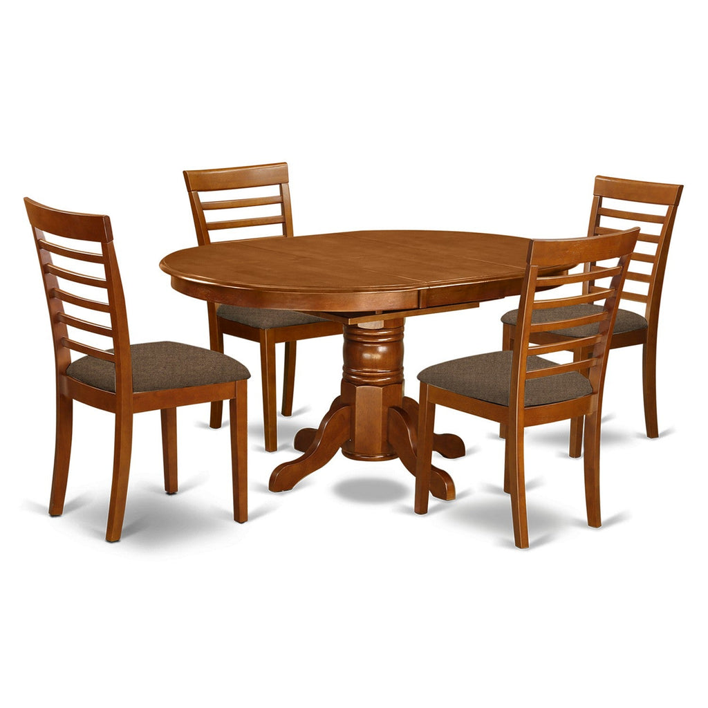 Juego de comedor de 5 piezas East West Furniture AVML5-SBR-C para 4 personas. Incluye una mesa de comedor ovalada con hojas de mariposa y 4 sillas de comedor tapizadas en tela de lino.
