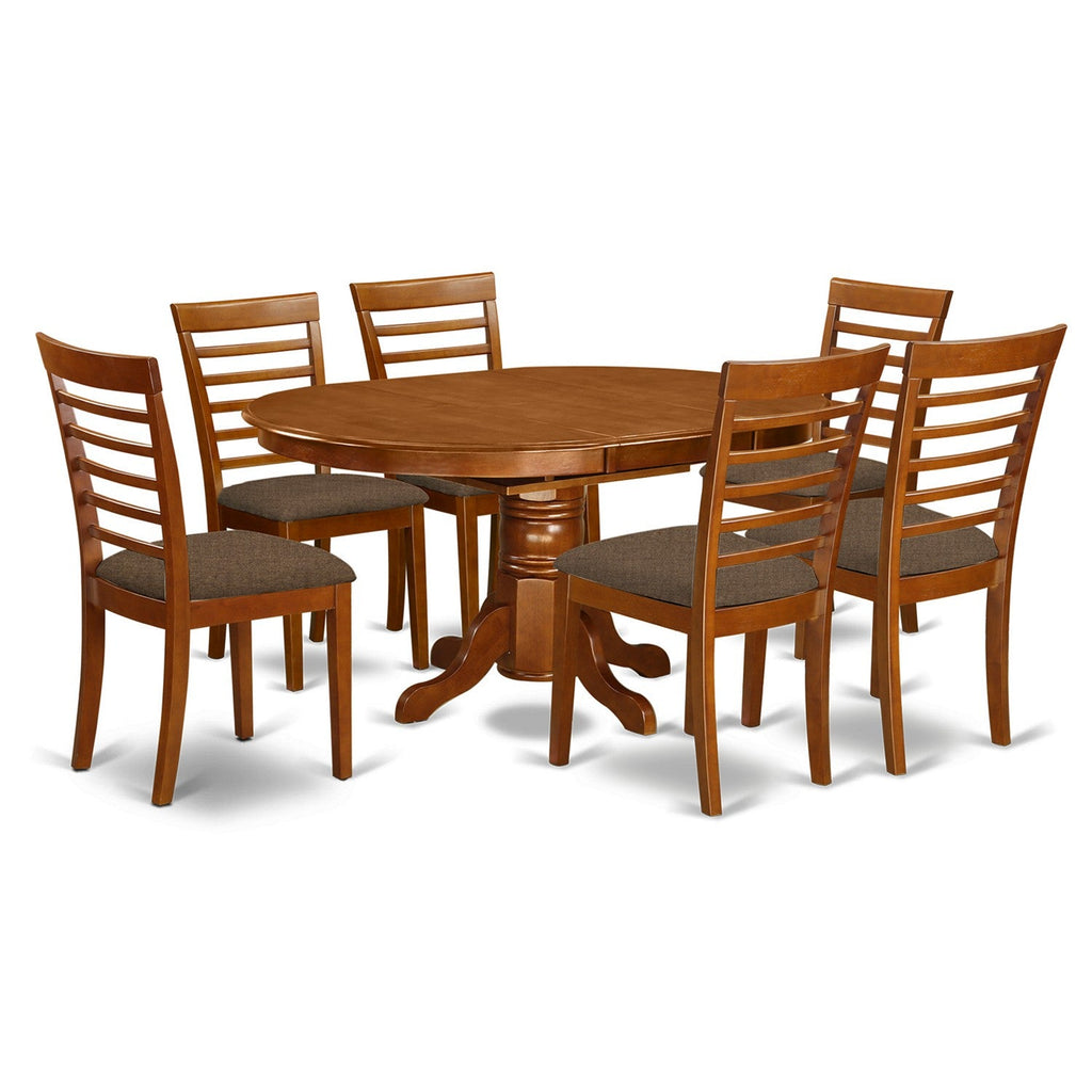 Juego de mesa y sillas de cocina de 7 piezas East West Furniture AVML7-SBR-C. Incluye una mesa de comedor ovalada con hojas de mariposa y 6 sillas de comedor de tela de lino.