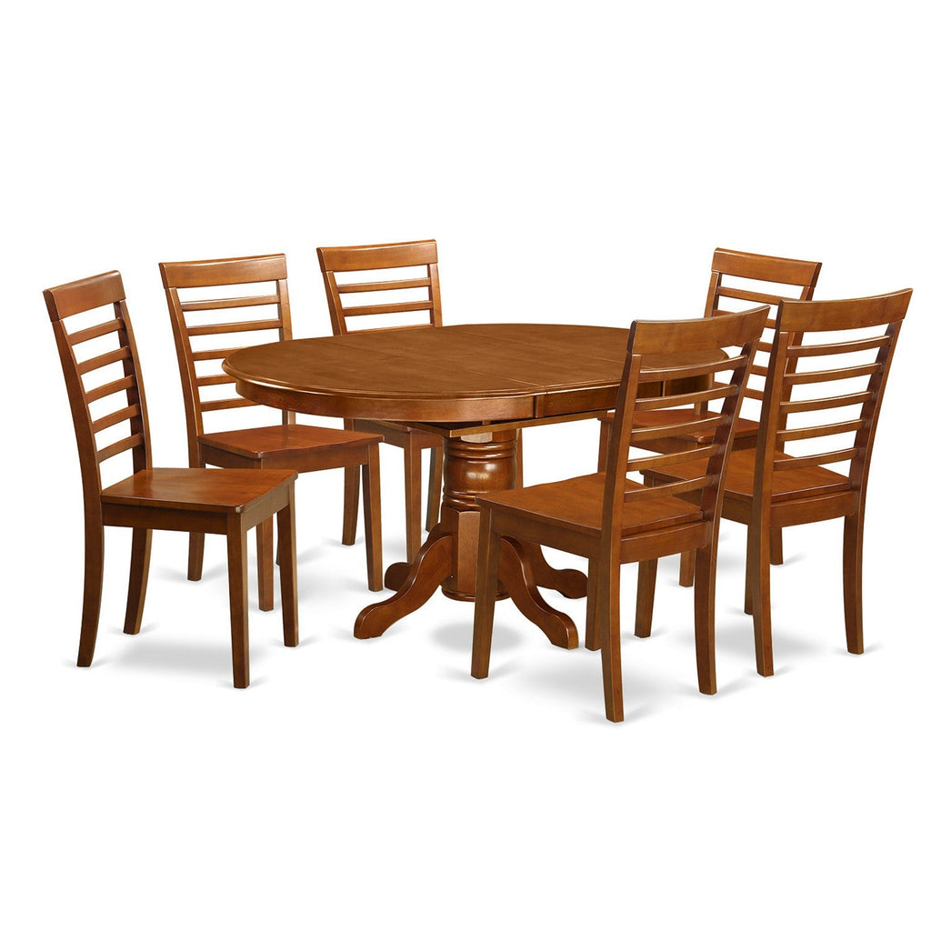 Juego de mesa y sillas de cocina de 7 piezas East West Furniture AVML7-SBR-W. Incluye una mesa de comedor ovalada con hojas de mariposa y 6 sillas de comedor.