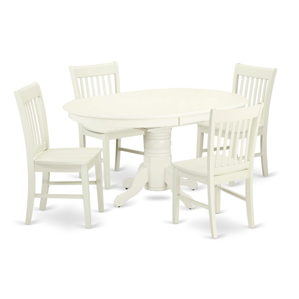 Juego de mesa y sillas de cocina de 5 piezas East West Furniture AVNO5-LWH-W. Incluye una mesa de comedor ovalada con hojas de mariposa y 4 sillas de comedor.