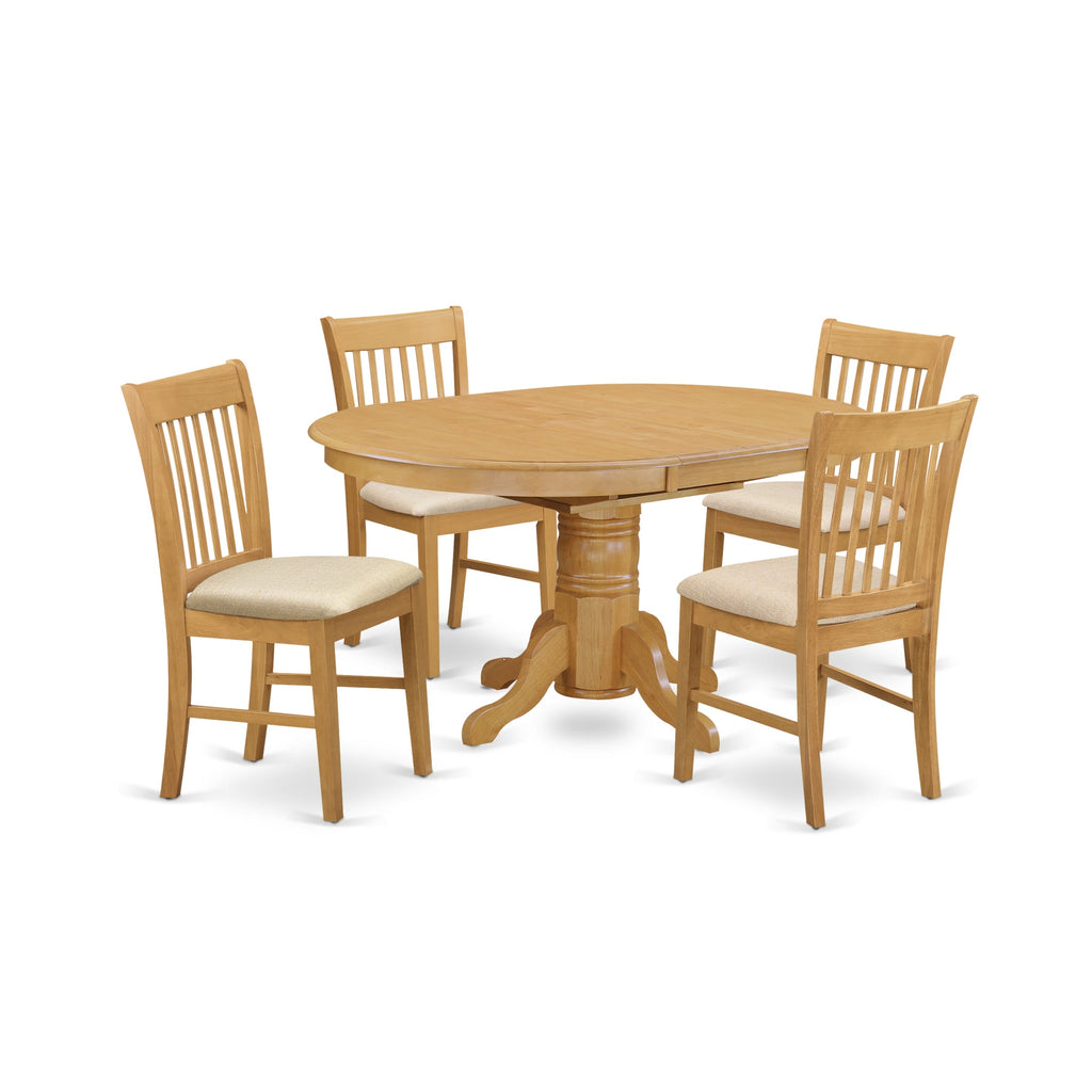 El juego de mesa de comedor moderno de 5 piezas East West Furniture AVNO5-OAK-C incluye una mesa ovalada de madera con hojas de mariposa y 4 sillas de comedor de cocina de tela de lino.