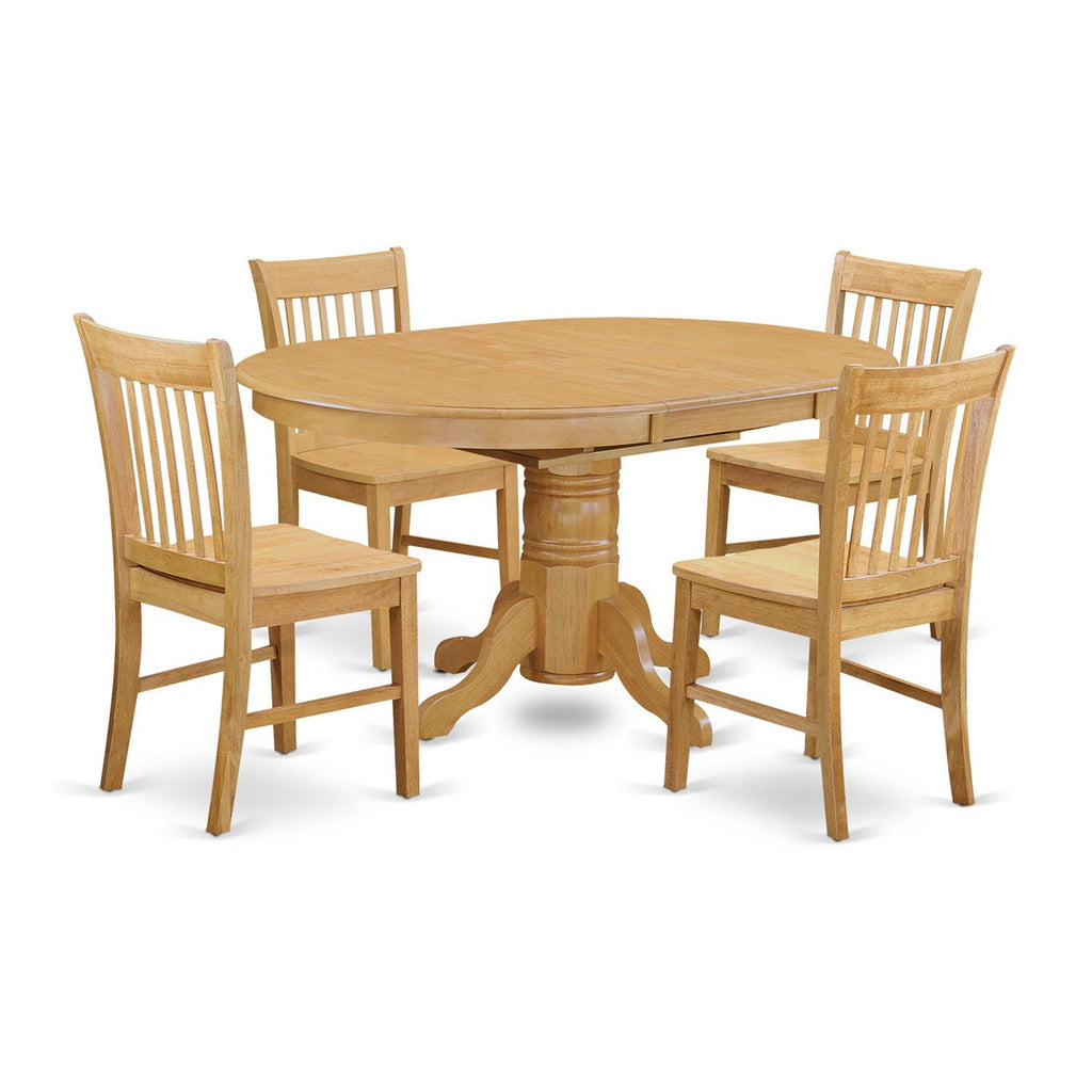 Juego de comedor de 5 piezas East West Furniture AVNO5-OAK-W para 4 personas. Incluye una mesa de comedor ovalada con hojas de mariposa y 4 sillas de comedor.