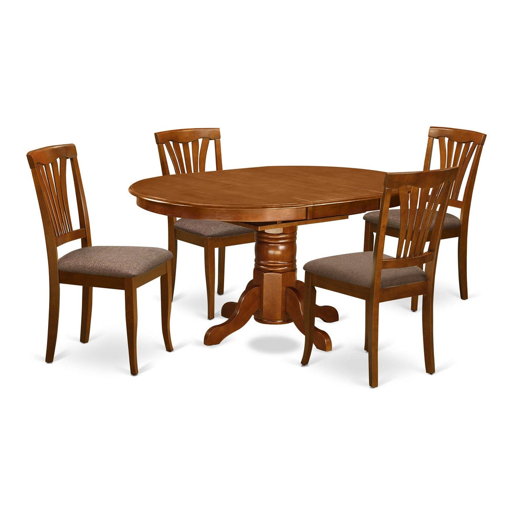 East West Furniture AVON5-SBR-C 5 Piece Dining Table Set for 4 Includes an Oval Kitchen Table with Butterfly Leaf and 4 Linen Fabric Kitchen Dining Chairs, 42x60 Inch, Saddle Brown