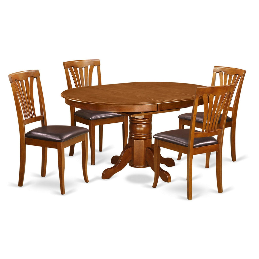 El juego de comedor de 5 piezas East West Furniture AVON5-SBR-LC incluye una mesa de cocina ovalada con hojas de mariposa y 4 sillas de comedor tapizadas en piel sintética.