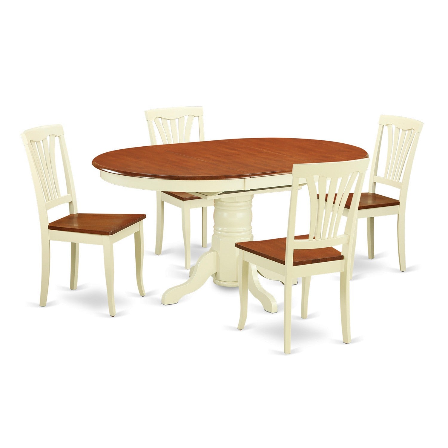 El juego de muebles de comedor de 5 piezas East West Furniture AVON5-WHI-W incluye una mesa ovalada de madera con hojas de mariposa y 4 sillas de comedor de cocina.