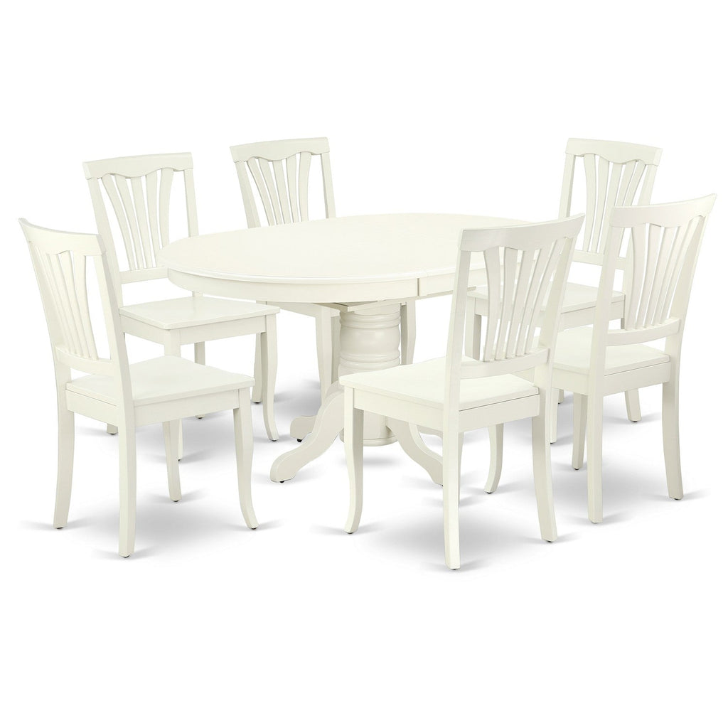 Juego de mesa de comedor de 7 piezas East West Furniture AVON7-LWH-W. Incluye una mesa de comedor ovalada con hojas de mariposa y 6 sillas con asiento de madera.