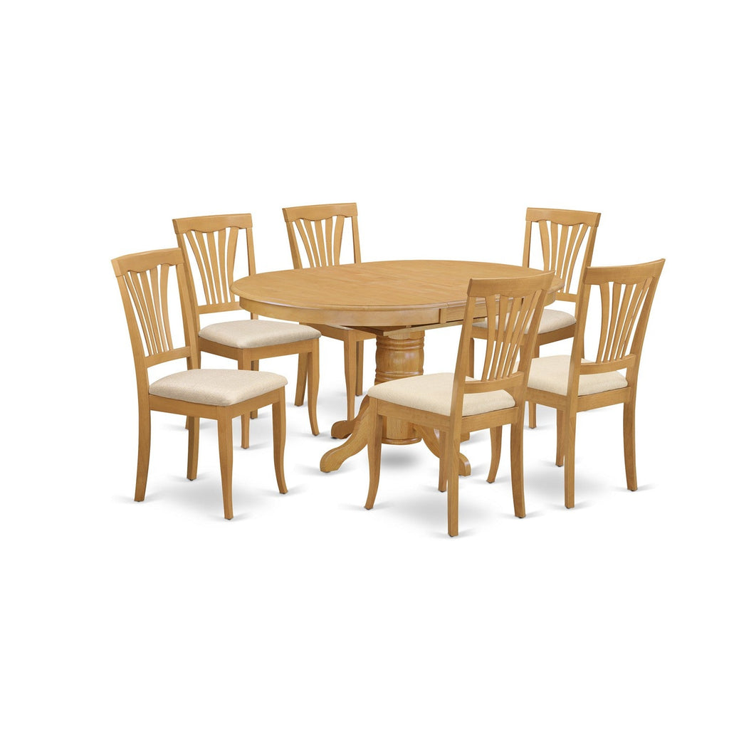 Juego de comedor de 7 piezas East West Furniture AVON7-OAK-C compuesto por una mesa de cocina ovalada con hojas de mariposa y 6 sillas tapizadas en tela de lino.
