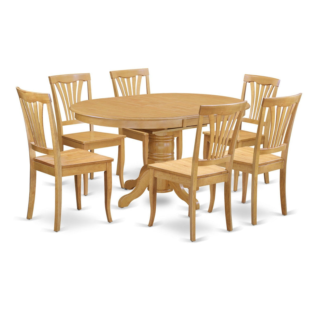Juego de mesa de comedor de 7 piezas East West Furniture AVON7-OAK-W. Incluye una mesa de comedor ovalada con hojas de mariposa y 6 sillas con asiento de madera.