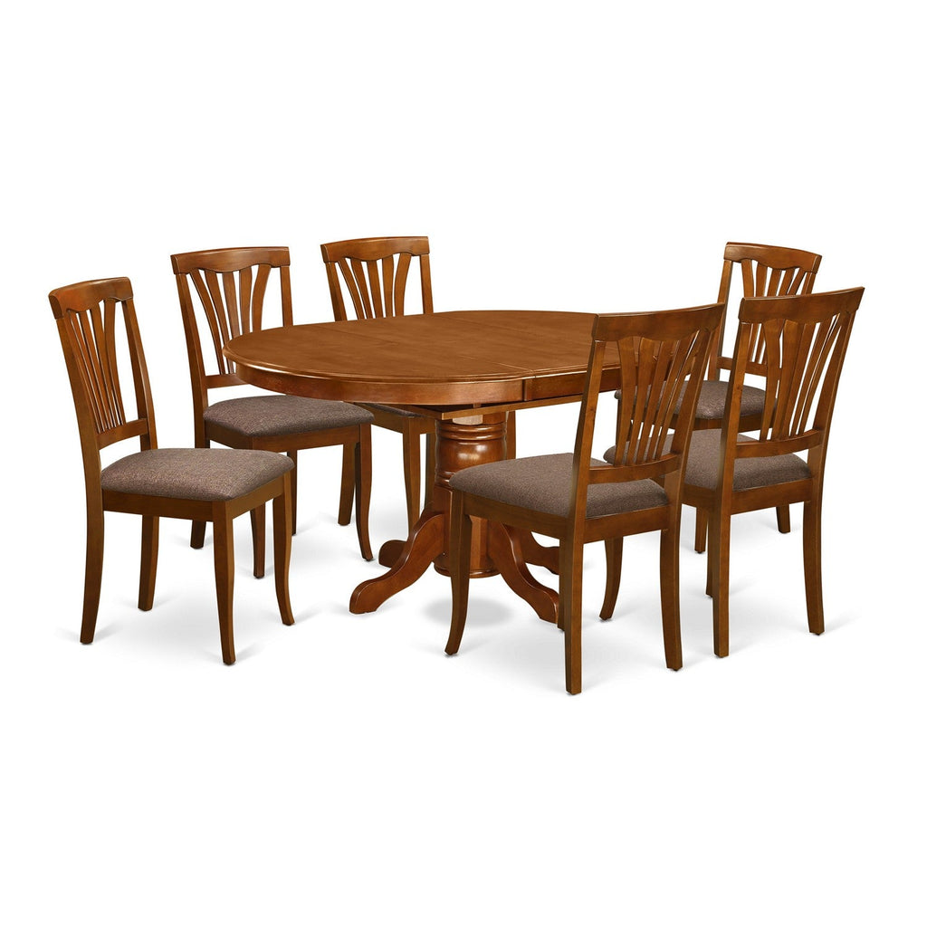 El juego de mesa de cocina de 7 piezas East West Furniture AVON7-SBR-C consta de una mesa de comedor ovalada con hojas de mariposa y 6 sillas de comedor tapizadas en tela de lino.