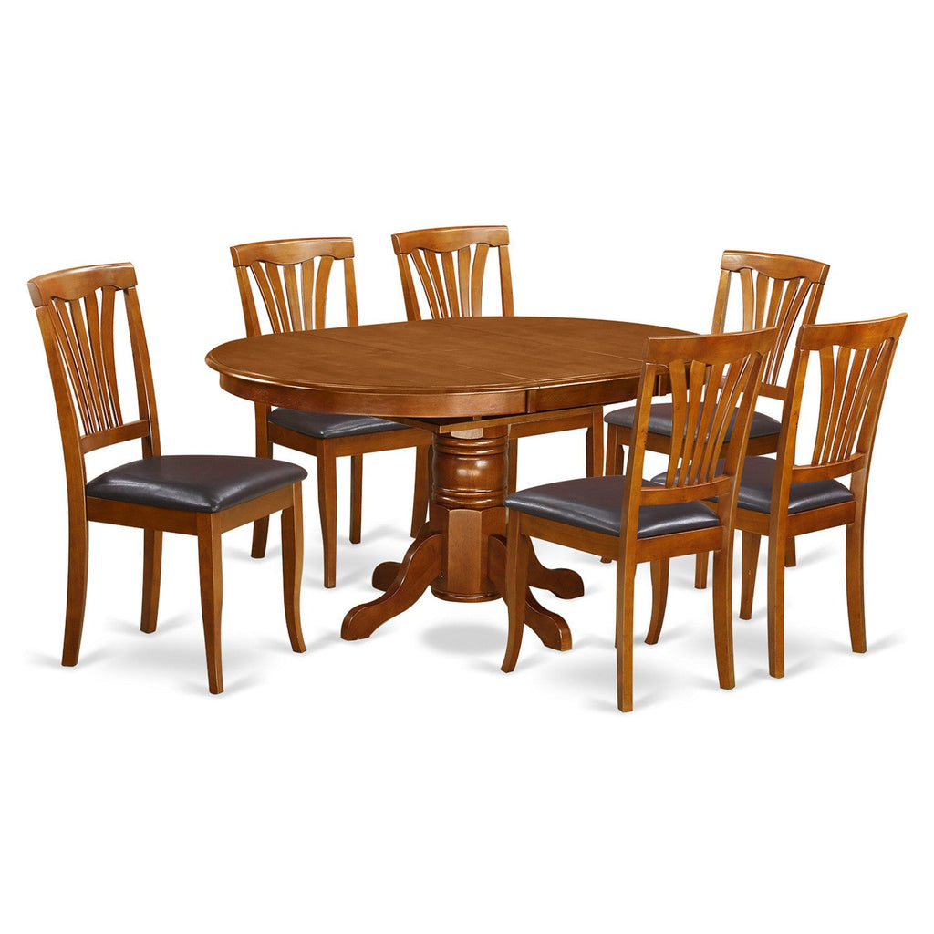 Juego de mesa de comedor moderna de 7 piezas East West Furniture AVON7-SBR-LC. Incluye una mesa ovalada de madera con hojas de mariposa y 6 sillas de comedor de cocina de cuero sintético.