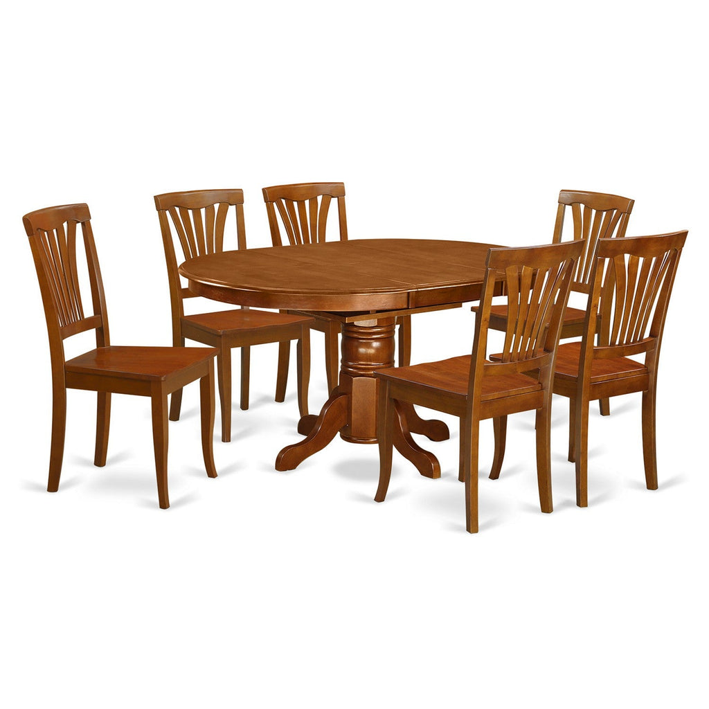 Juego de mesa de comedor moderna de 7 piezas East West Furniture AVON7-SBR-W compuesto por una mesa ovalada de madera con hojas de mariposa y 6 sillas de comedor.