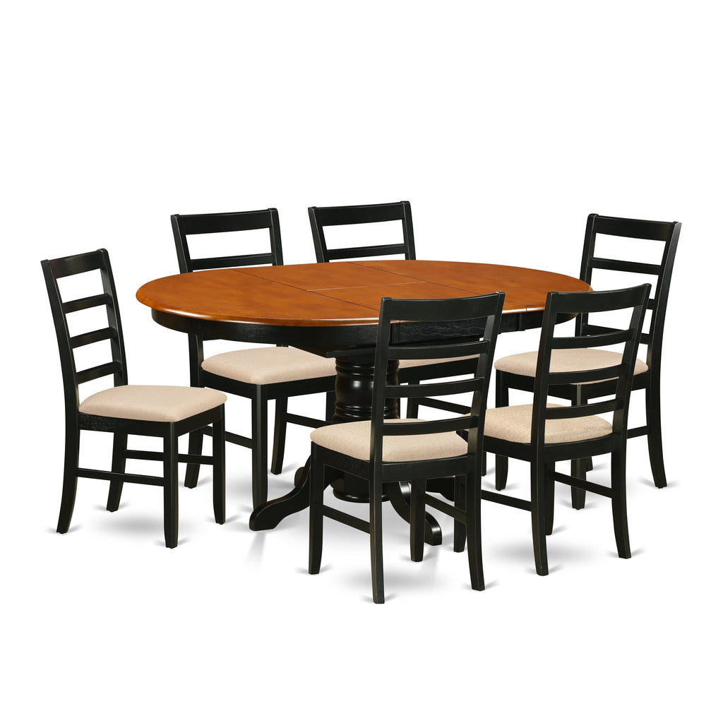 Juego de mesa de comedor East West Furniture AVPF7-BCH-C de 7 piezas compuesto por una mesa de comedor ovalada con hojas de mariposa y 6 sillas tapizadas en tela de lino.