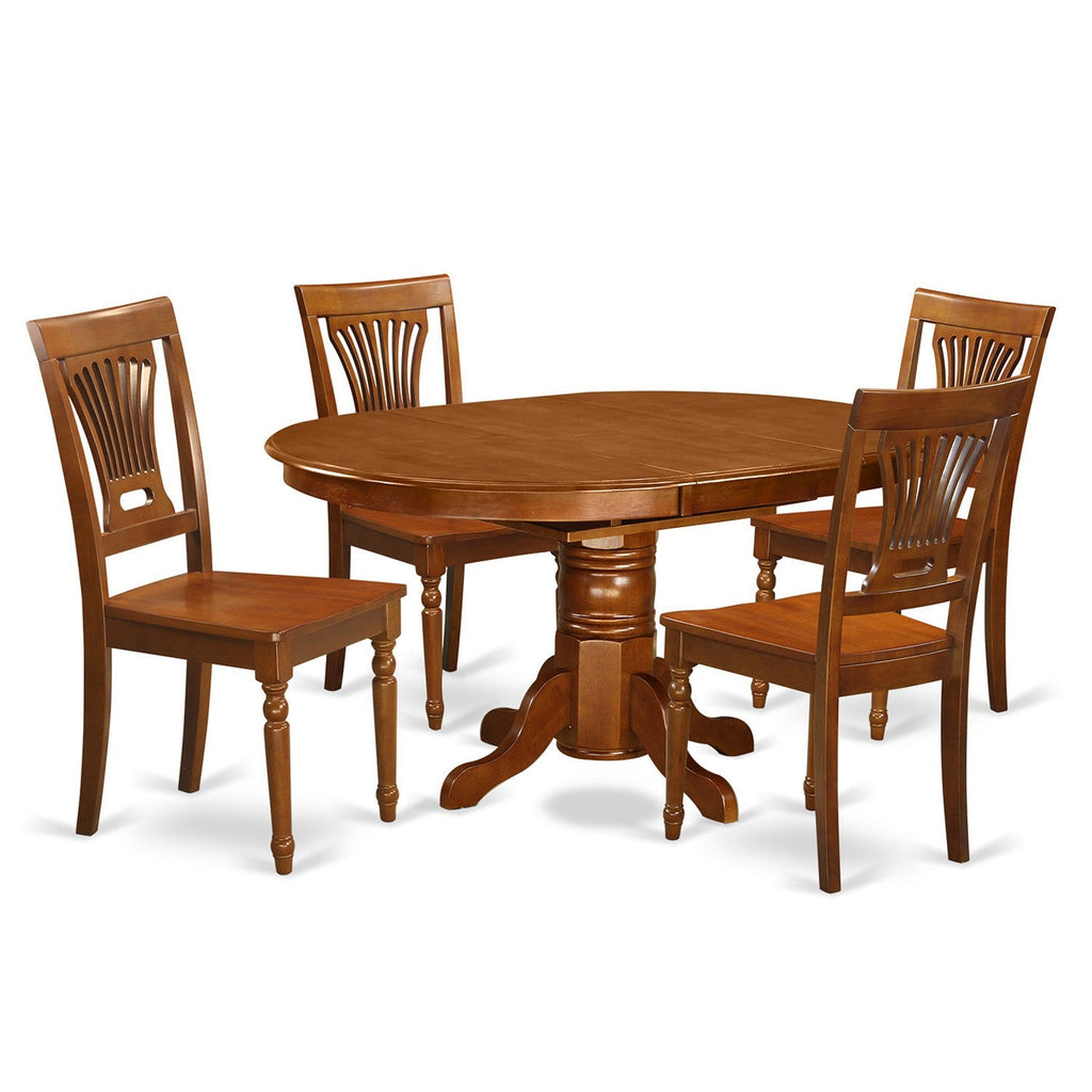 Juego de comedor de 5 piezas East West Furniture AVPL5-SBR-W para 4 personas. Incluye una mesa de comedor ovalada con diseño de hojas de mariposa y 4 sillas de comedor.