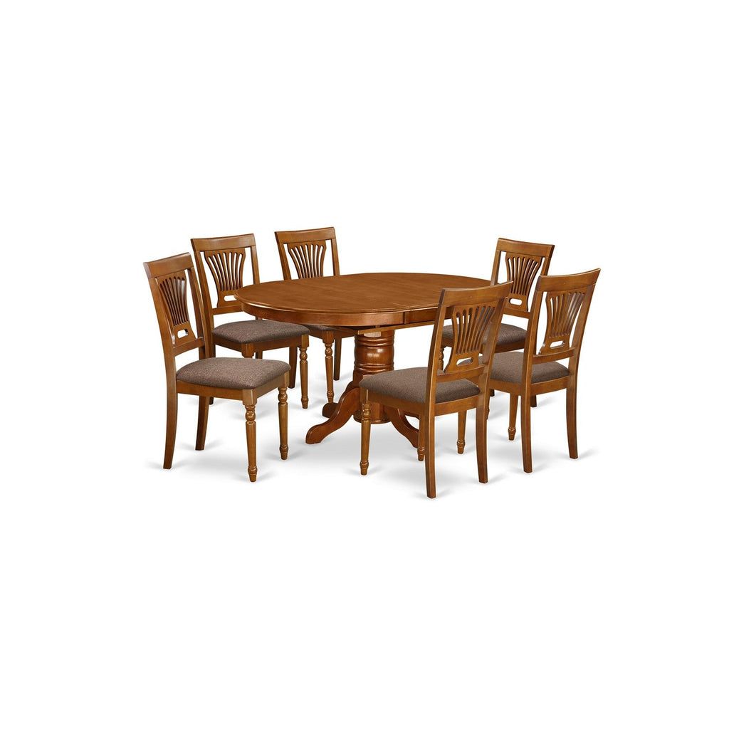 Juego de mesa de comedor de 7 piezas East West Furniture AVPL7-SBR-C. Incluye una mesa de comedor ovalada con hojas de mariposa y 6 sillas tapizadas en tela de lino.