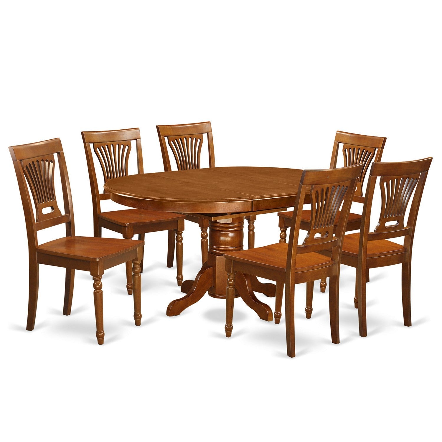 Juego de mesa de comedor moderna de 7 piezas East West Furniture AVPL7-SBR-W. Incluye una mesa ovalada de madera con hojas de mariposa y 6 sillas de comedor.
