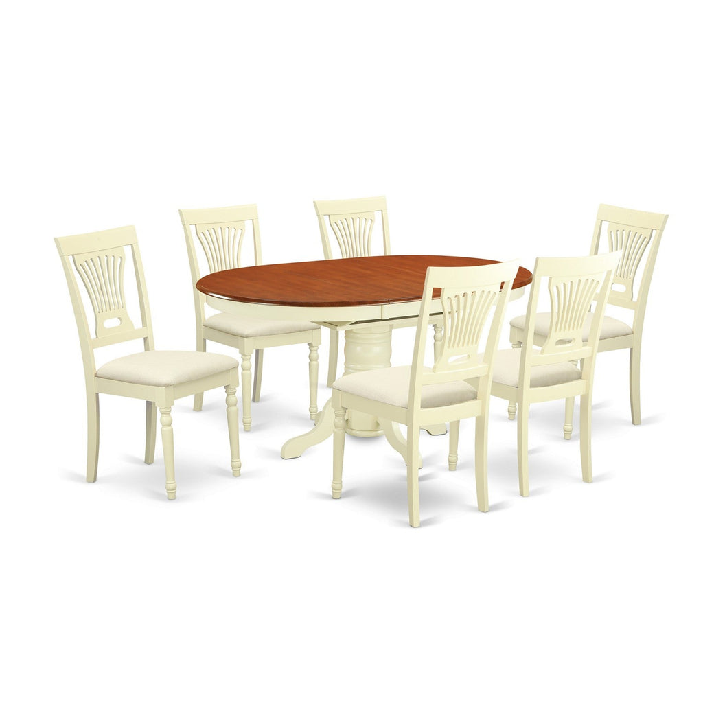 El juego de mesa de cocina de 7 piezas East West Furniture AVPL7-WHI-C consta de una mesa de comedor ovalada con hojas de mariposa y 6 sillas de comedor de tela de lino.