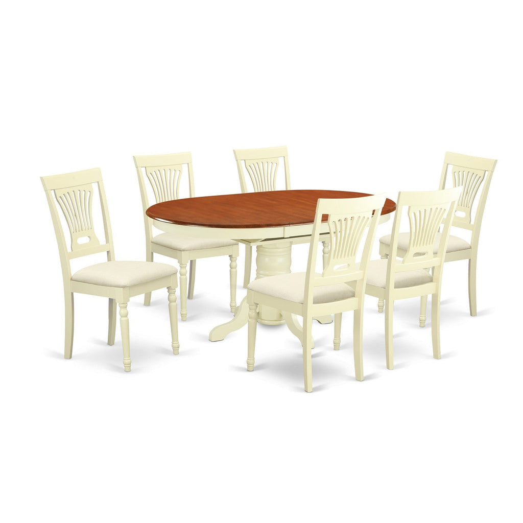 East West Furniture AVPL7-WHI-C 7 Piece Kitchen Table Set Consist of an Oval Dining Table with Butterfly Leaf and 6 Linen Fabric Dining Room Chairs, 42x60 Inch, Buttermilk & Cherry