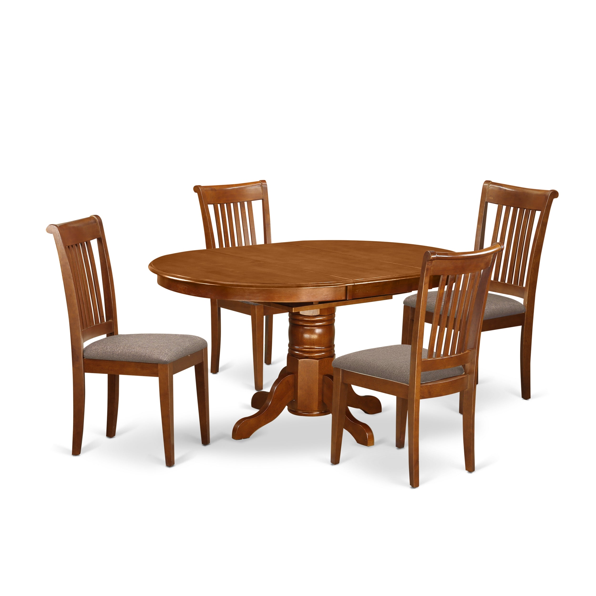 El juego de comedor de 5 piezas East West Furniture AVPO5-SBR-C incluye una mesa de comedor ovalada con hojas de mariposa y 4 sillas de cocina tapizadas en tela de lino.