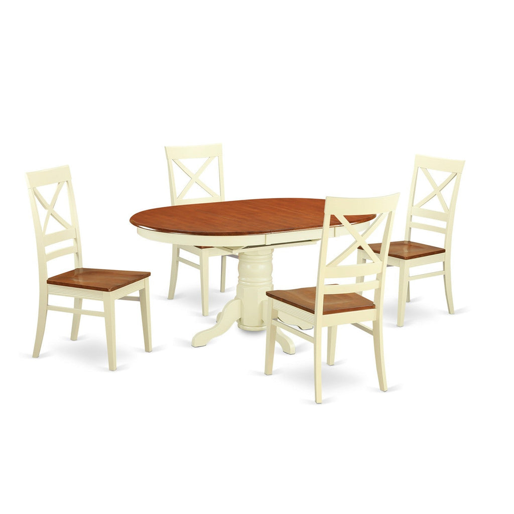Juego de mesa y sillas de cocina de 5 piezas East West Furniture AVQU5-WHI-W. Incluye una mesa de comedor ovalada con hojas de mariposa y 4 sillas con asiento de madera maciza.