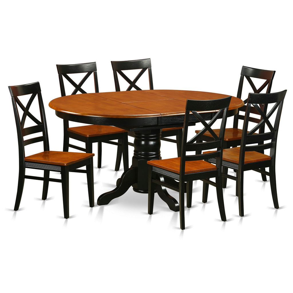 Juego de mesa de comedor de 7 piezas East West Furniture AVQU7-BCH-W compuesto por una mesa de comedor ovalada con hojas de mariposa y 6 sillas con asiento de madera.