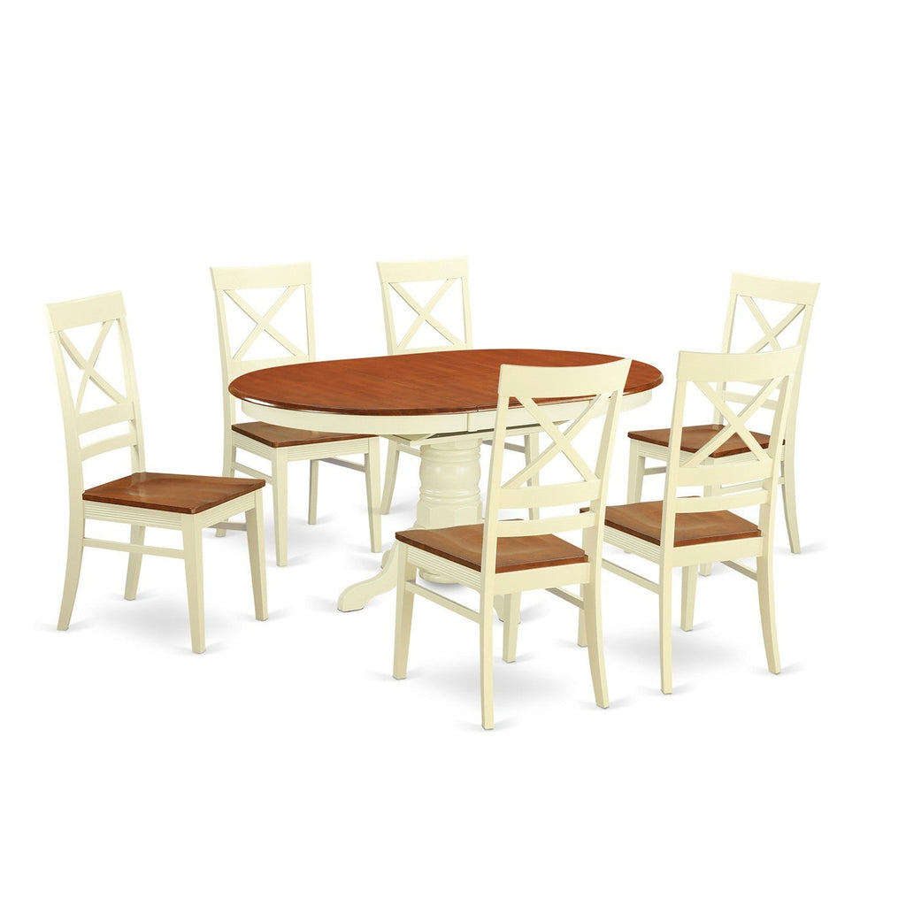 East West Furniture AVQU7-WHI-W 7 Piece Kitchen Table & Chairs Set Consist of an Oval Dining Room Table with Butterfly Leaf and 6 Dining Chairs, 42x60 Inch, Buttermilk & Cherry