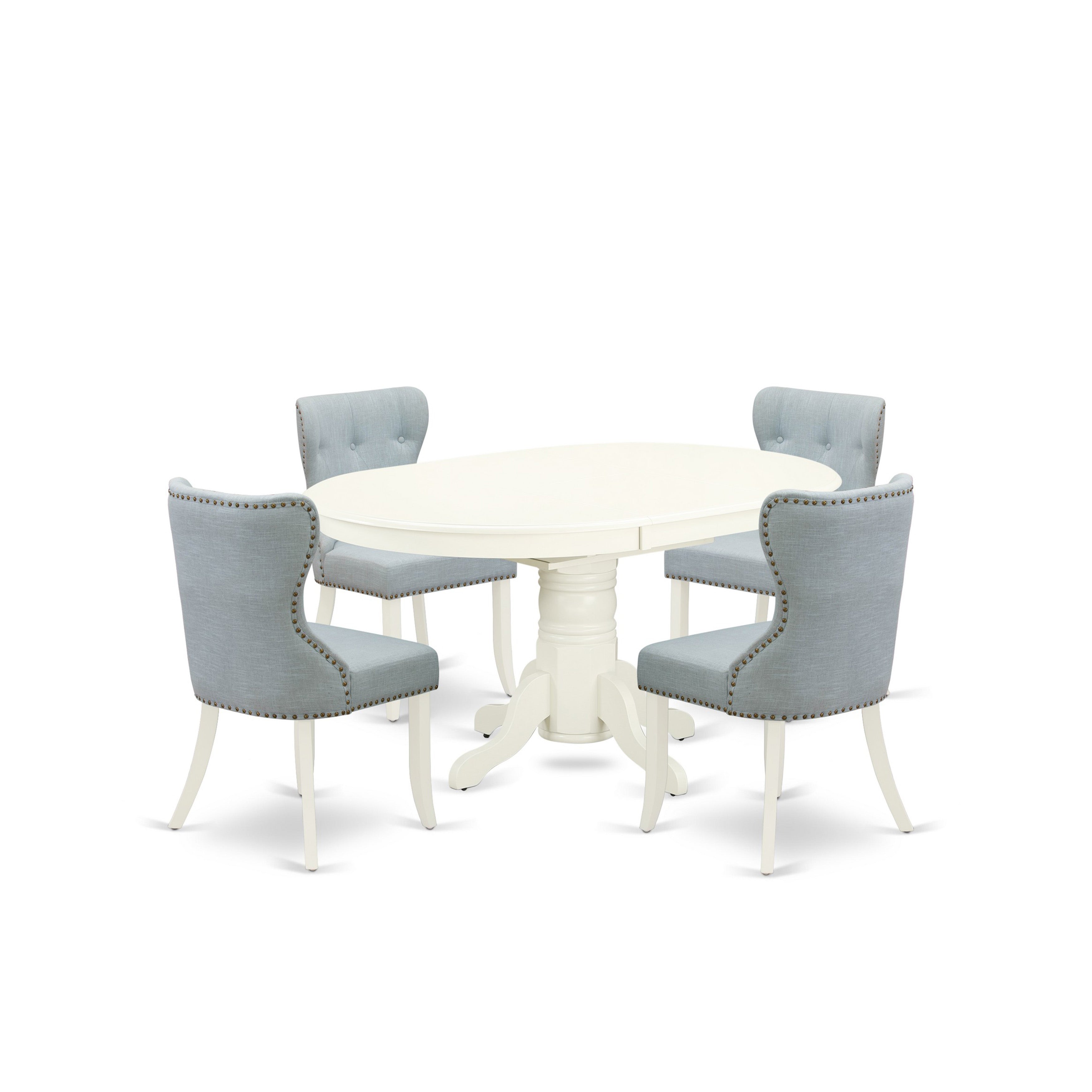 East-West Furniture AVSI5-LWH-15 - A dining room table set of 4 excellent parson chairs with Linen Fabric Baby Blue color and a gorgeous 18" butterfly leaf oval pedestal kitchen table with Linen White color