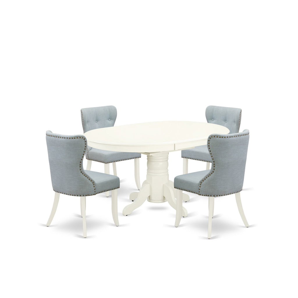 Juego de cocina de 5 piezas East West Furniture AVSI5-LWH-15 para 4 personas. Incluye una mesa de comedor ovalada con diseño de hojas de mariposa y 4 sillas de comedor Parson de tela de lino azul bebé.