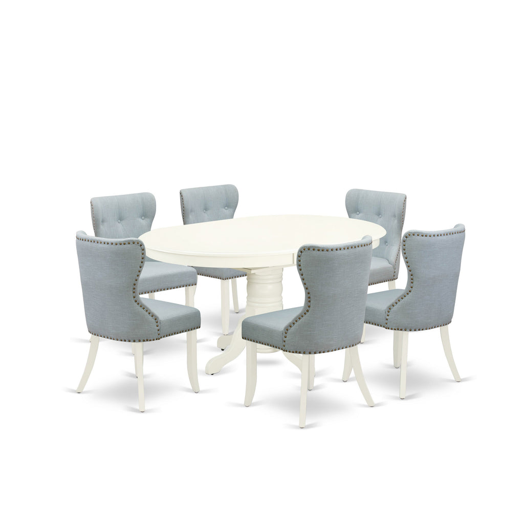 Juego de mesa de comedor de 7 piezas East West Furniture AVSI7-LWH-15: mesa de cocina ovalada con diseño de hojas de mariposa y 6 sillas tapizadas en tela de lino azul bebé.