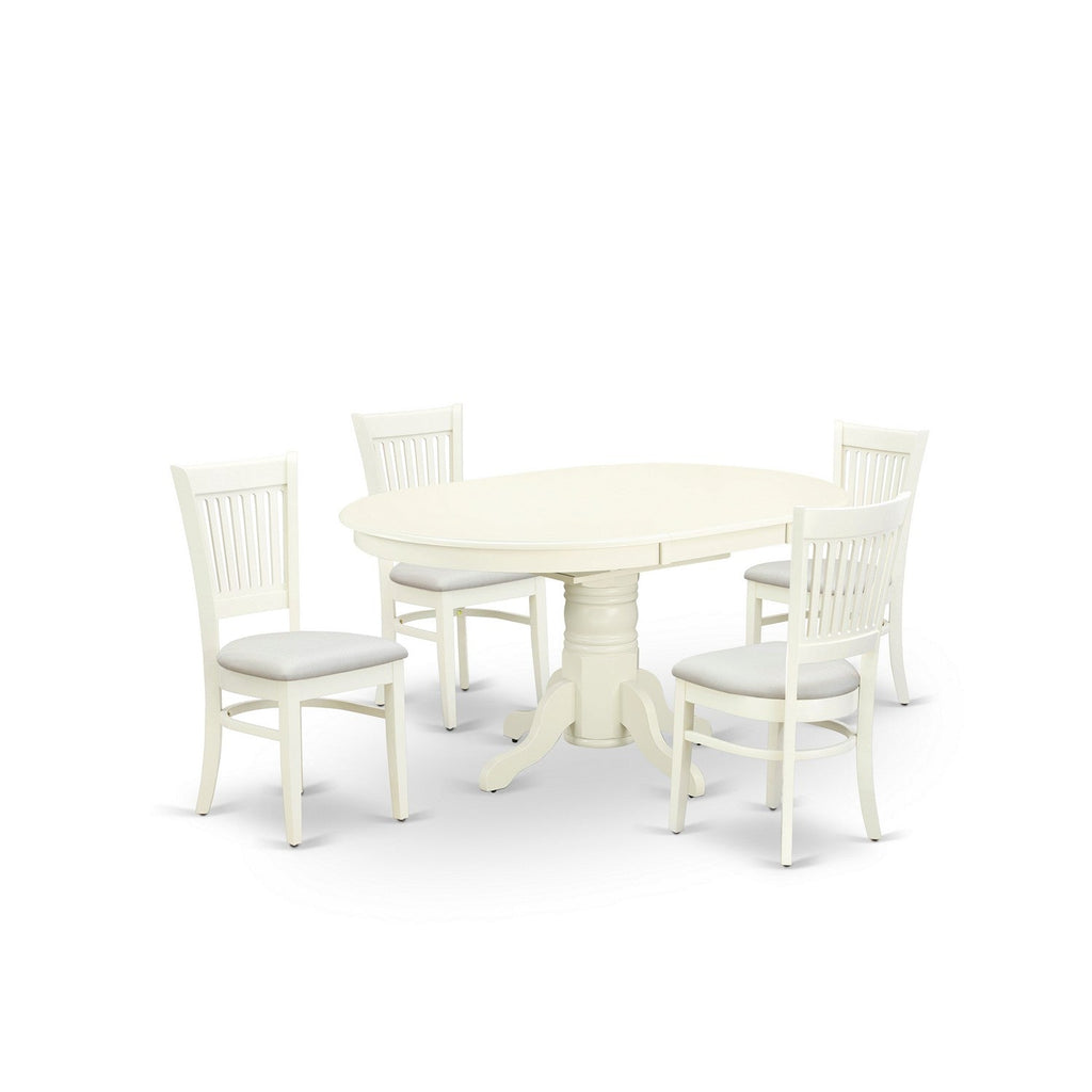 El juego de mesa de comedor de 5 piezas East West Furniture AVVA5-LWH-C incluye una mesa de cocina ovalada con hojas de mariposa y 4 sillas de comedor tapizadas en tela de lino.