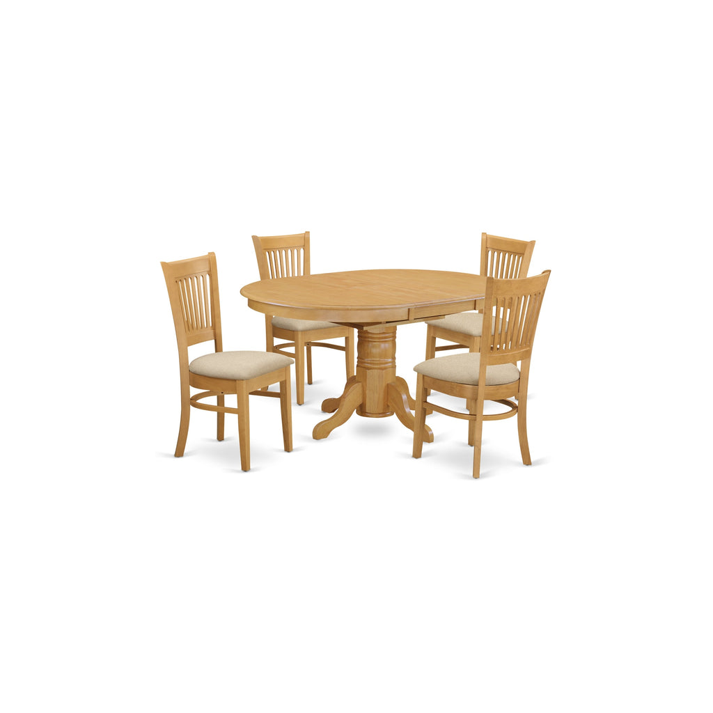 El juego de mesa de comedor moderno de 5 piezas East West Furniture AVVA5-OAK-C incluye una mesa ovalada de madera con hojas de mariposa y 4 sillas de comedor de cocina de tela de lino.